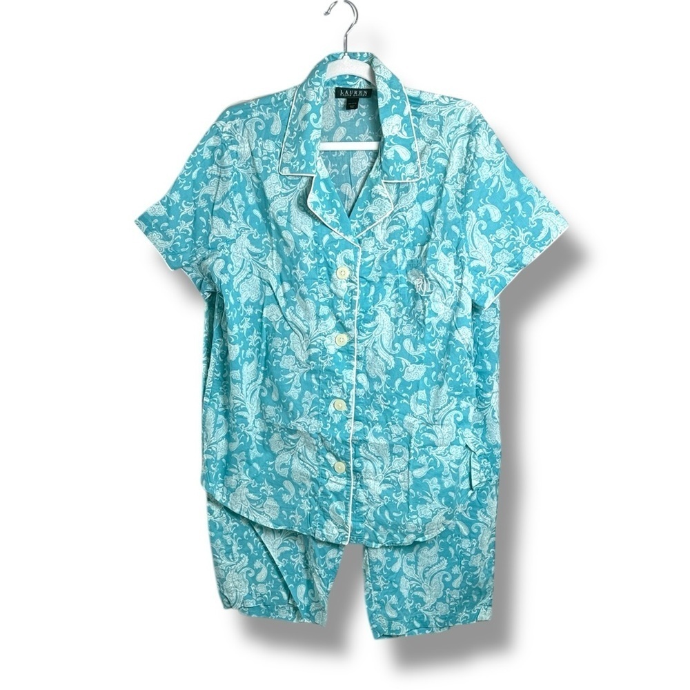 Lauren Ralph Lauren Short Sleeve Monogram Capri Pants Cotton Pajama Set Size XL